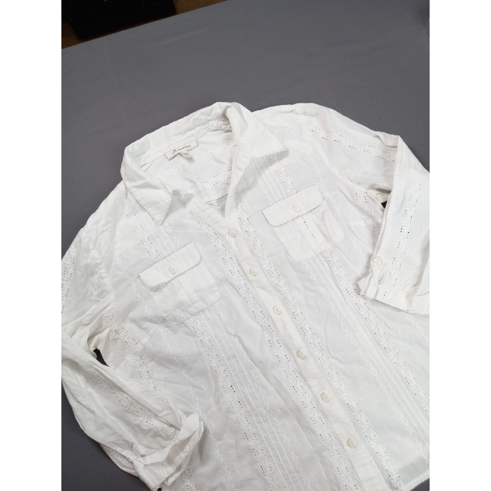 JM Collection Womens White Eyelet Embroidered Pintuck Button Down Shirt Size 16